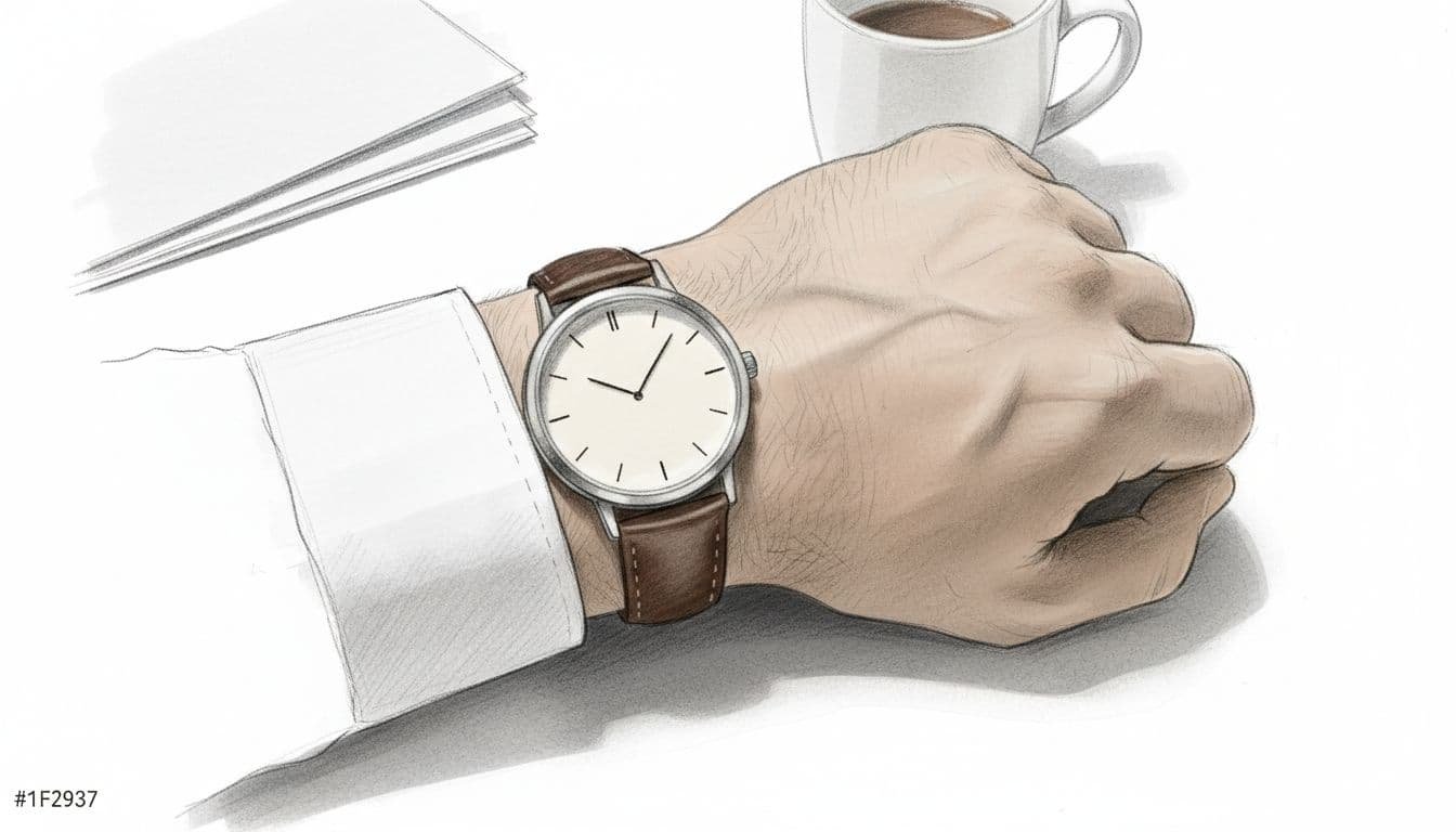 Graphite sketch of simple analog watch on wrist under white shirt cuff on desk with papers and mug.