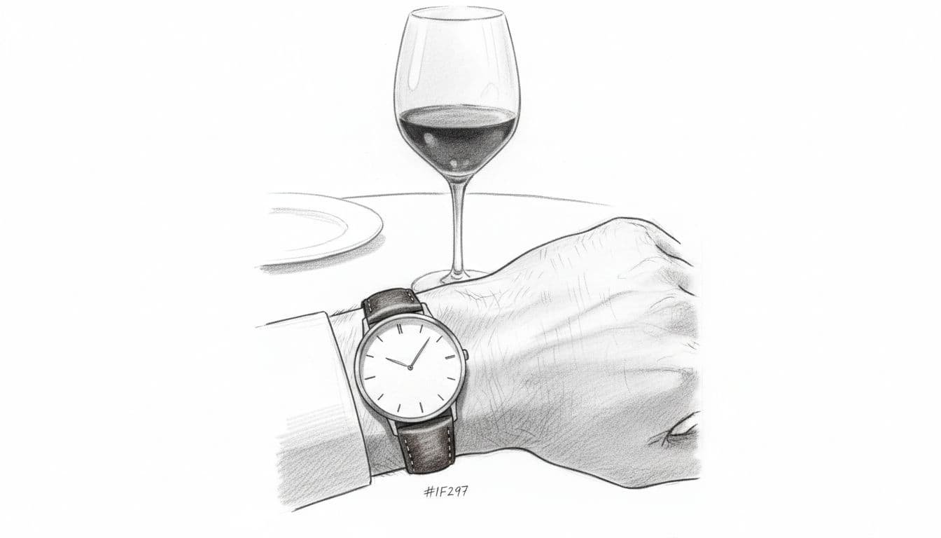 Graphite line sketch of slim dress watch on man's wrist near wine glass on dinner table.