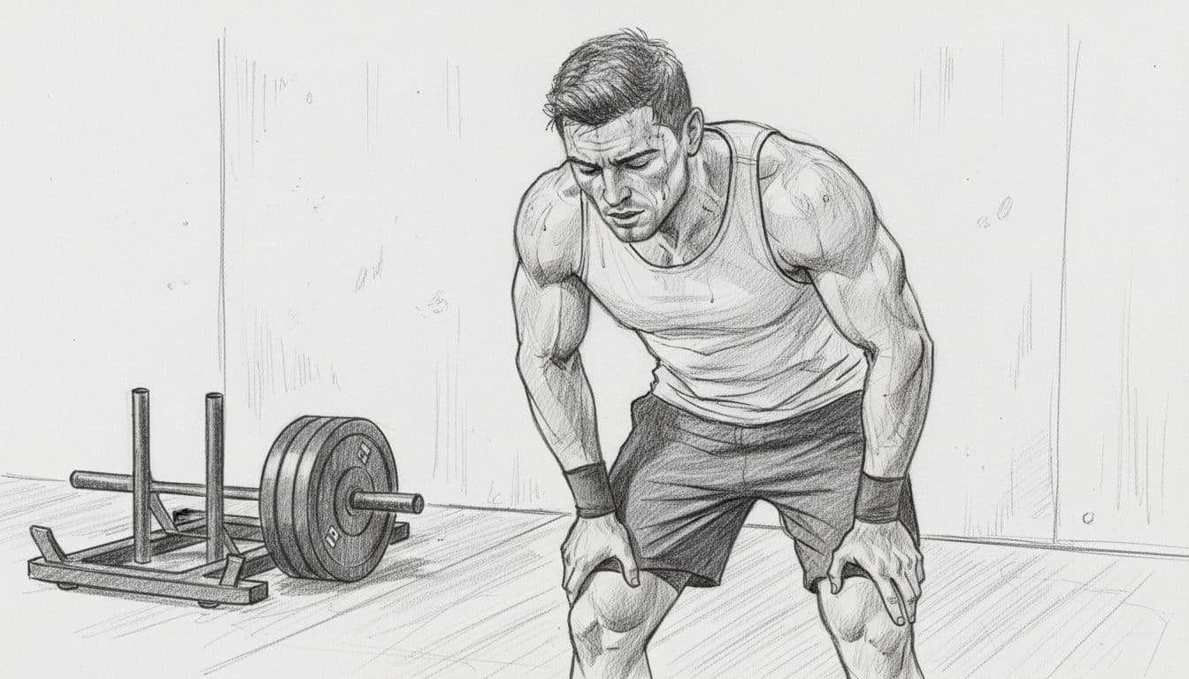 Hand-drawn sketch of athlete hands on knees breathing deeply sweat dripping near gym sled and wall.