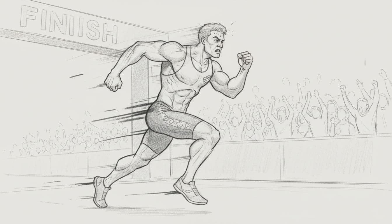 Side-view hand-drawn sketch of Hyrox athlete running powerfully to finish line, arms pumping, intense face, blurred distant cheering crowd.