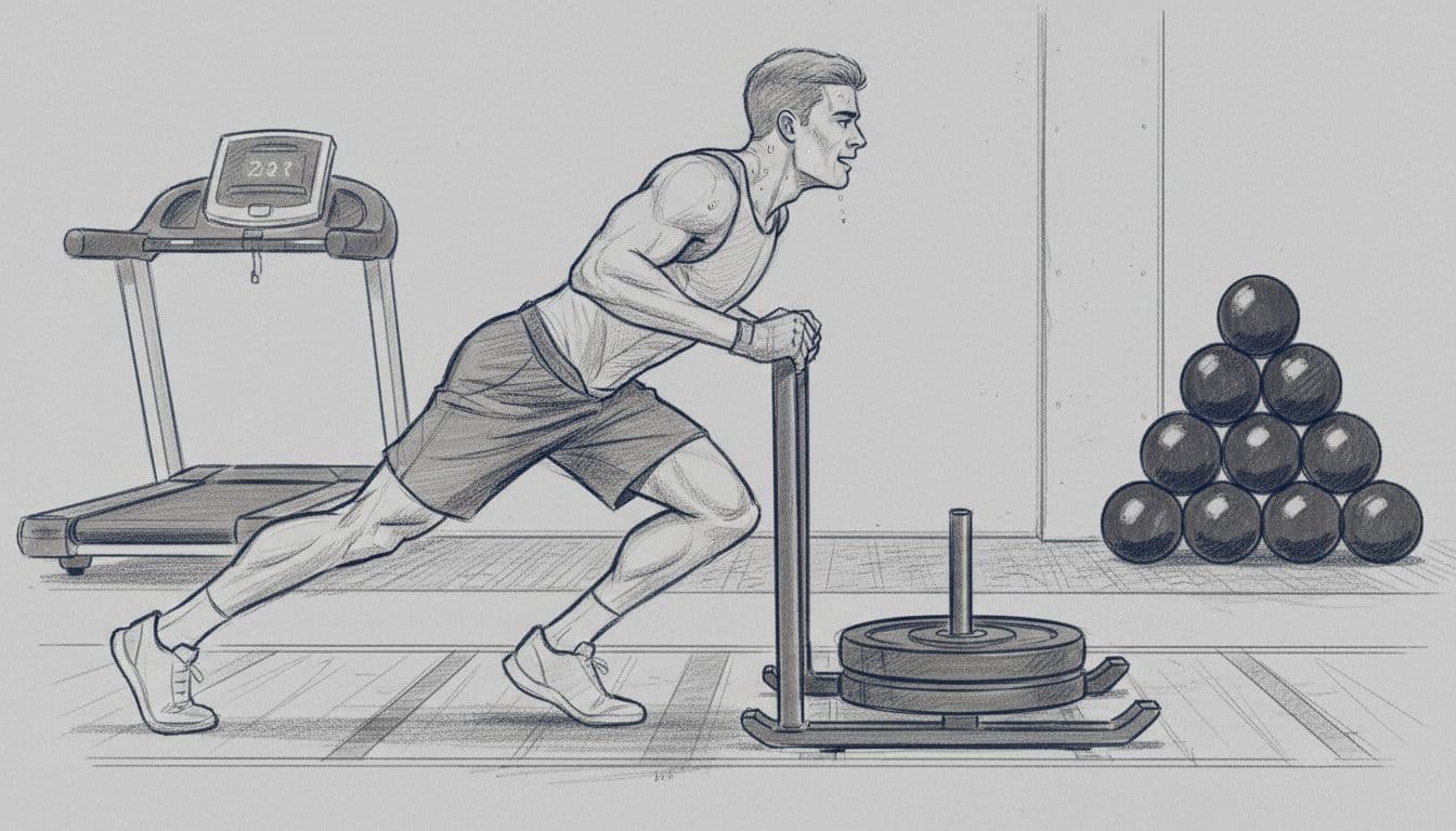 Hand-drawn sketch of athlete pushing sled in gym after treadmill run, focused calm posture with sweat, side angle.