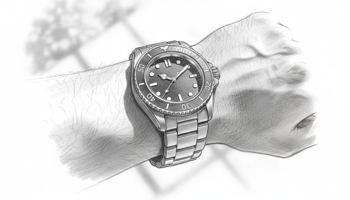 Graphite sketch of man's wrist with stainless steel dive watch and lume markers on white paper.