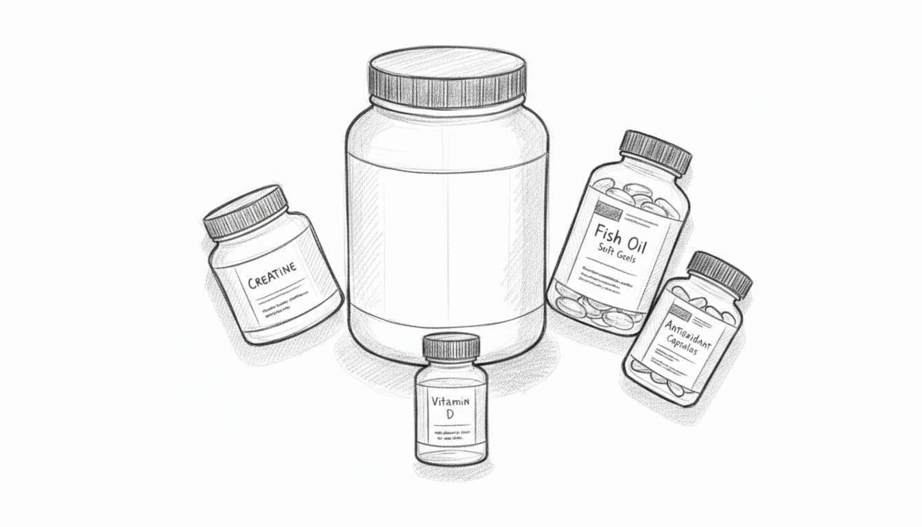 Top-down hand-drawn sketch of five supplement bottles on wooden counter with subtle shadows.