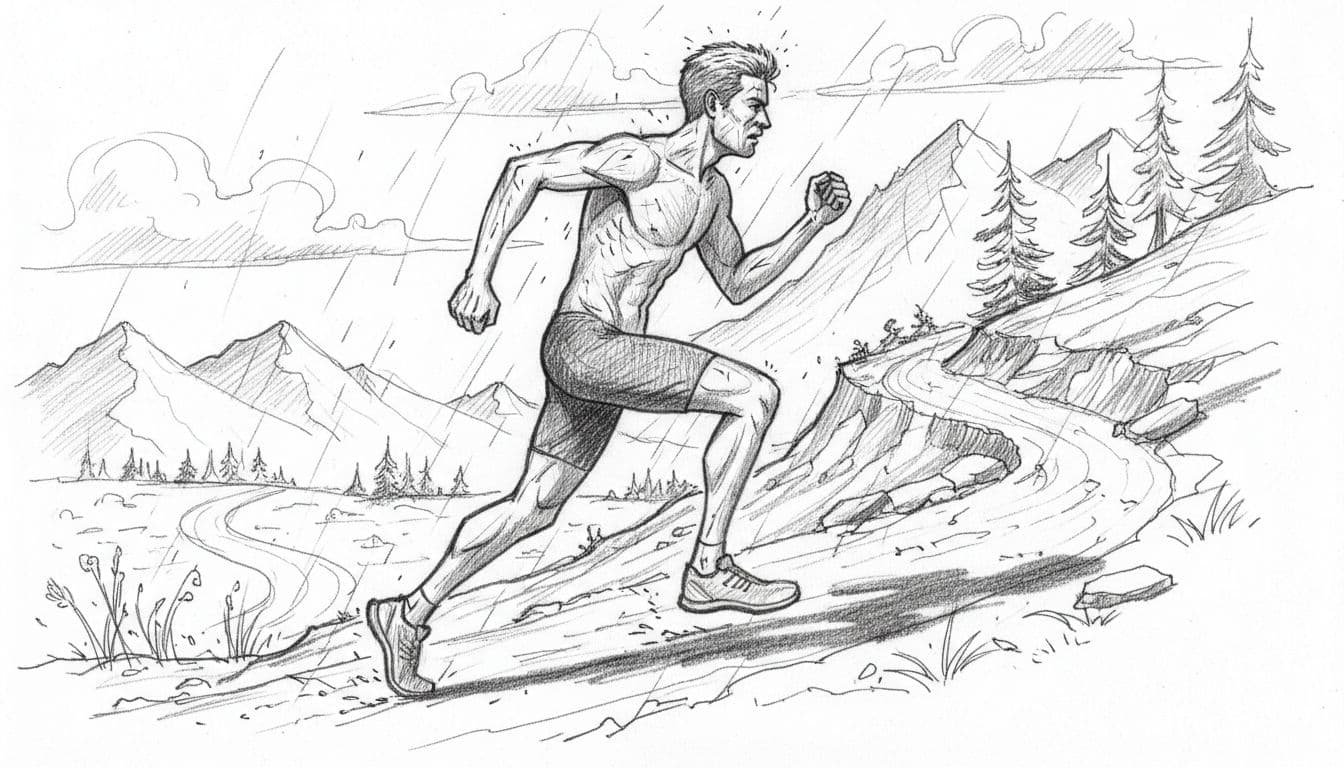 Side profile graphite sketch of a man running uphill on rugged trail amid rain.