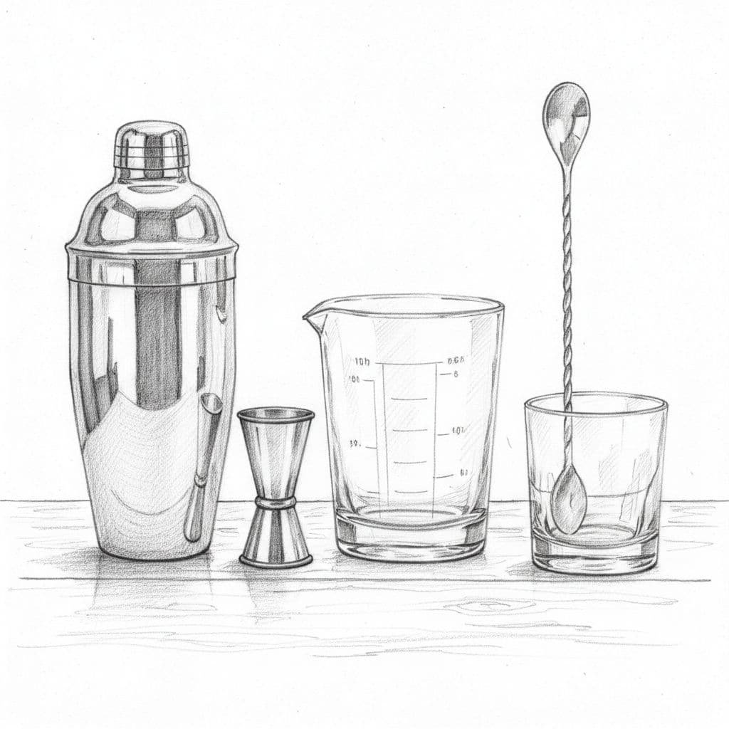 A graphite drawing of five essential bar tools arranged neatly on a wooden surface.