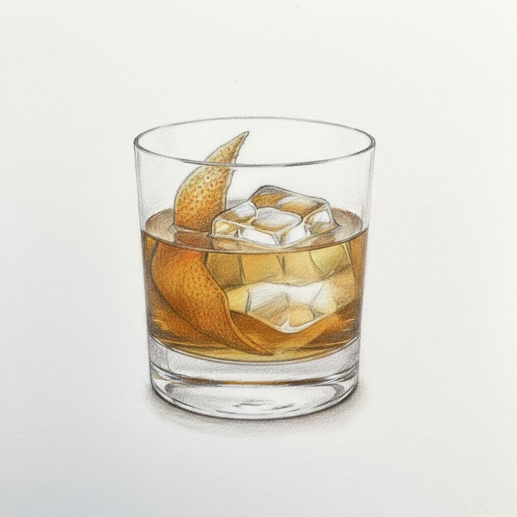 A graphite drawing of an Old Fashioned cocktail featuring a large ice cube and orange peel garnish.