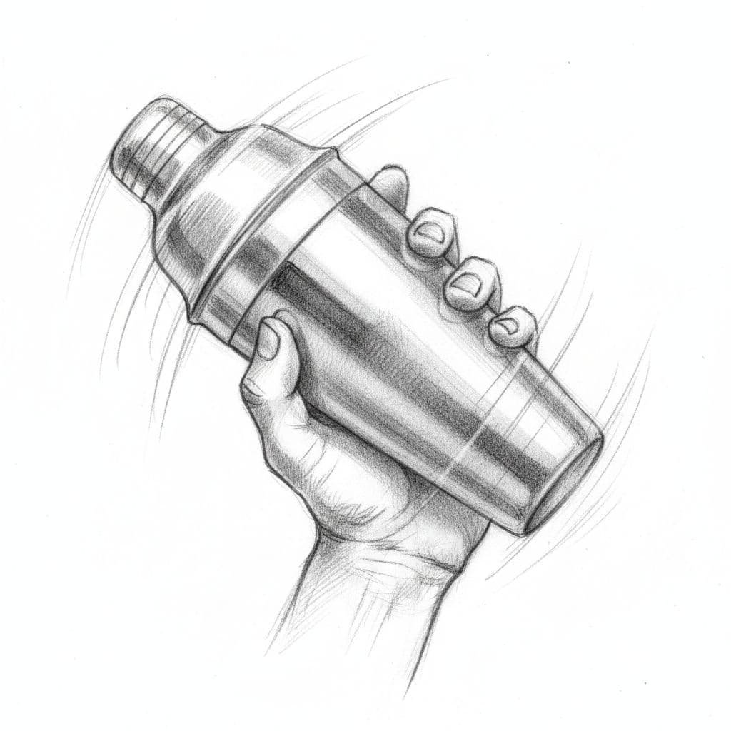 A hand-drawn graphite illustration shows a single hand shaking a stainless steel cocktail shaker.