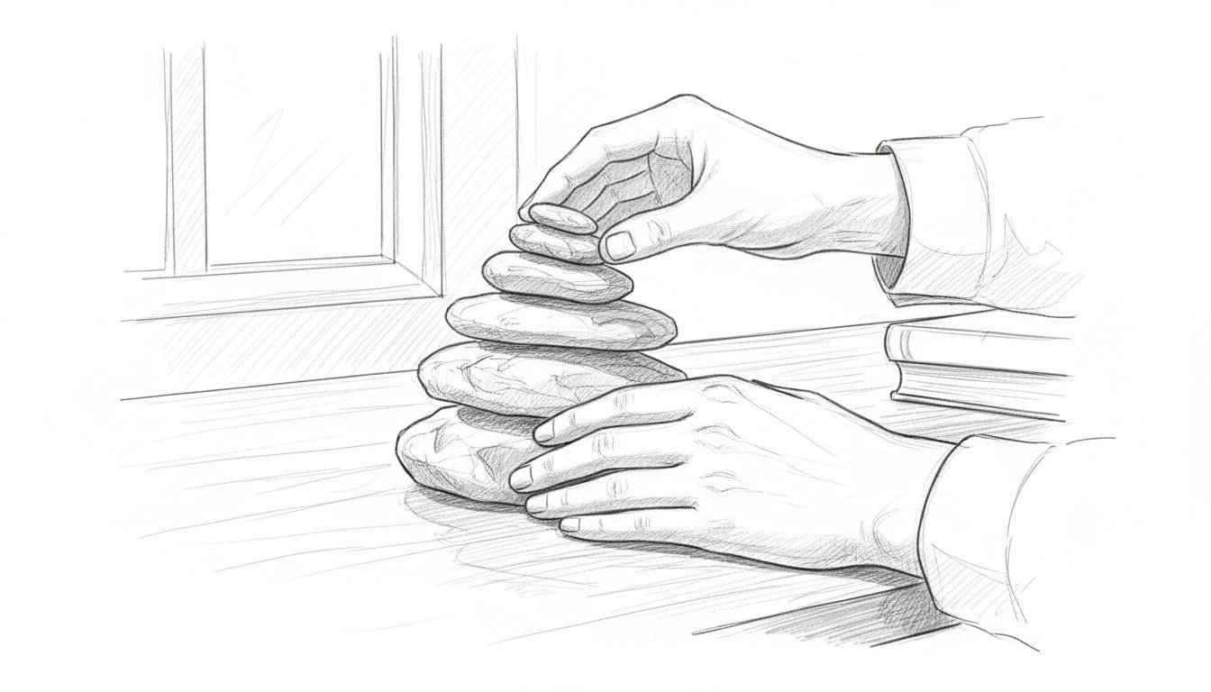 Graphite sketch of hands stacking small stones into a tower on a wooden desk.