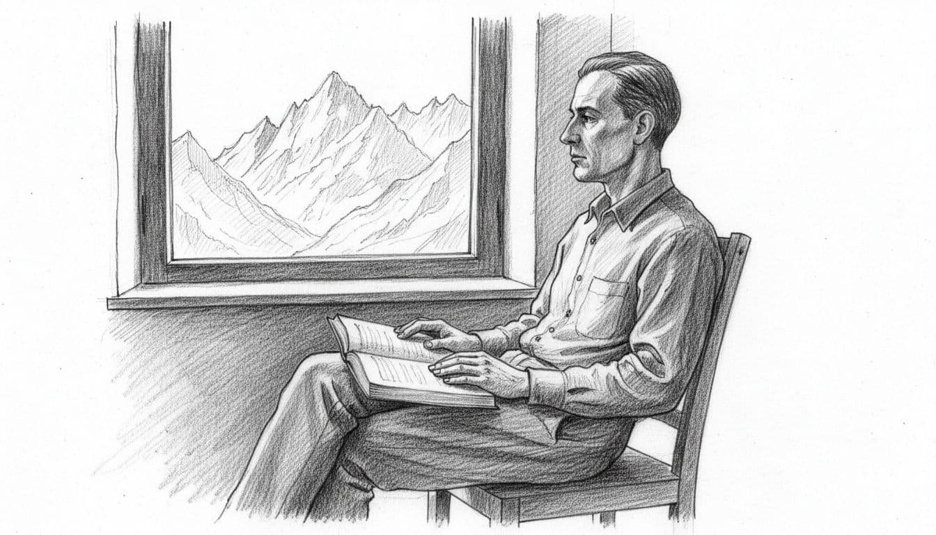 Solitary man sits by window gazing at distant mountains, open book on lap in sparse room.
