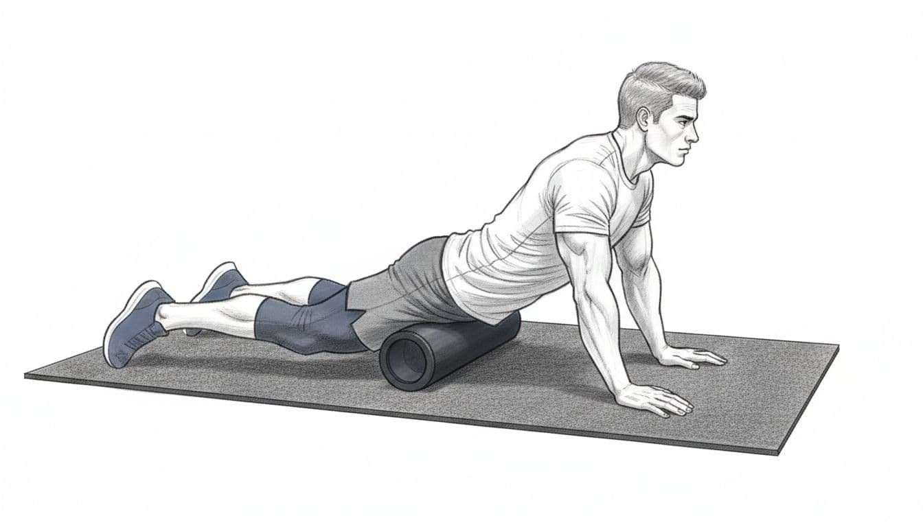 Side-view sketch of fit man rolling thigh on foam roller atop gym mat.