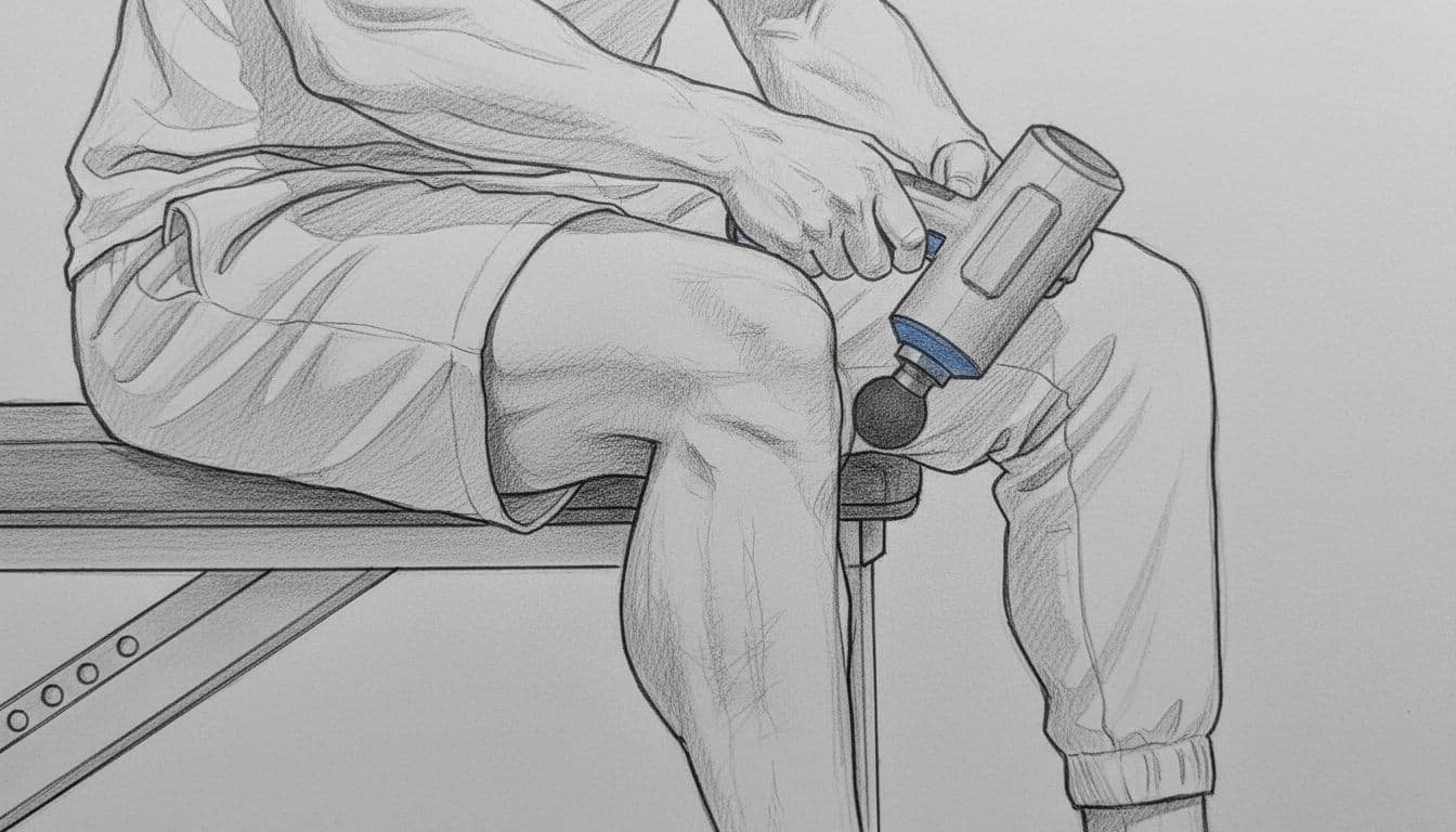 Hand-drawn sketch of fit man seated on weight bench applying massage gun to calf muscle.